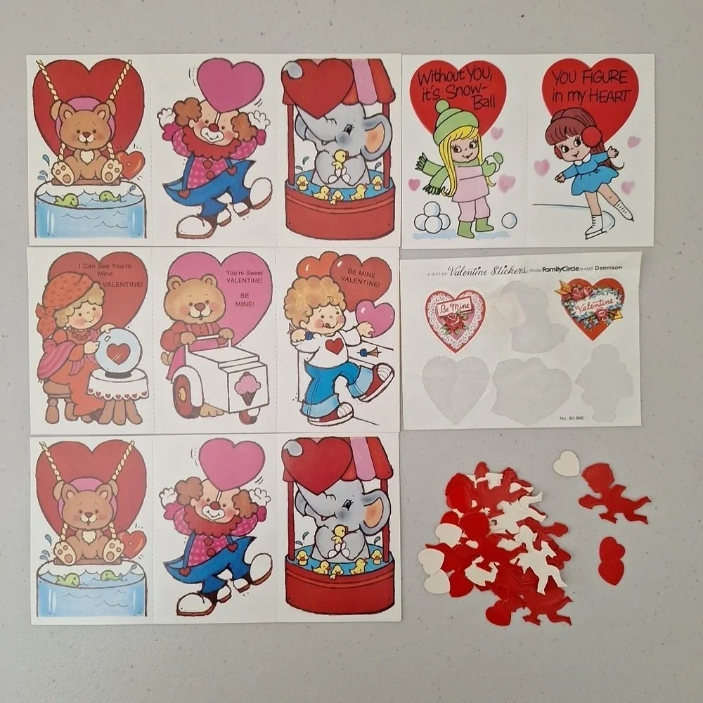 Vintage 1970's Valentines Cards Stickers & Craft Confetti, 11 Cards Rare Find